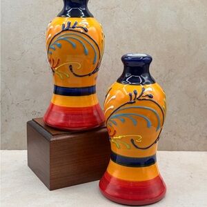 Set Of 2 Ceramicas Anoru S.L. Pottery Bud Vase/ Candle Holder Hand Painted Spain